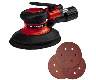 Einhell TC-PE 150, Lijadora excéntrica de aire comprimido (diámetro del disco de lija de 150 mm, palanca de ajuste continuo, incluye 6 papeles de lija, boquilla y llave dinamométrica) 